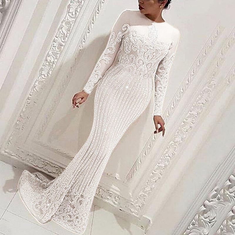 Spring Autumn Women Clothing Sexy Gold Long Sleeved Dress Ball Tail Solid Color Evening Dress