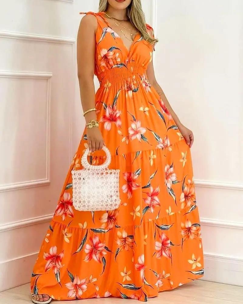 Farhan Floral Strapless Smocked Maxi Dress Rust