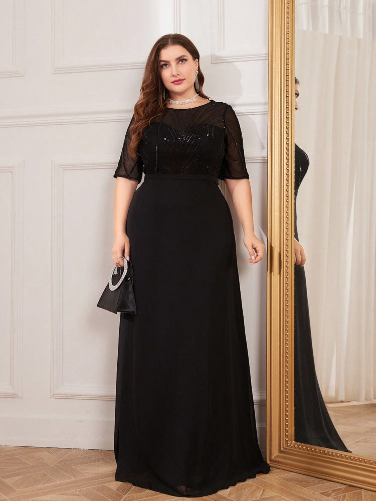 Beaded Round Neck Short Sleeve Chiffon A-Line Maxi Dress