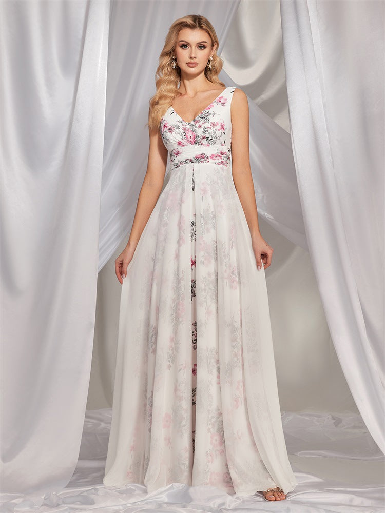 Floral Print V-Neck Chiffon A-Line Maxi Dress