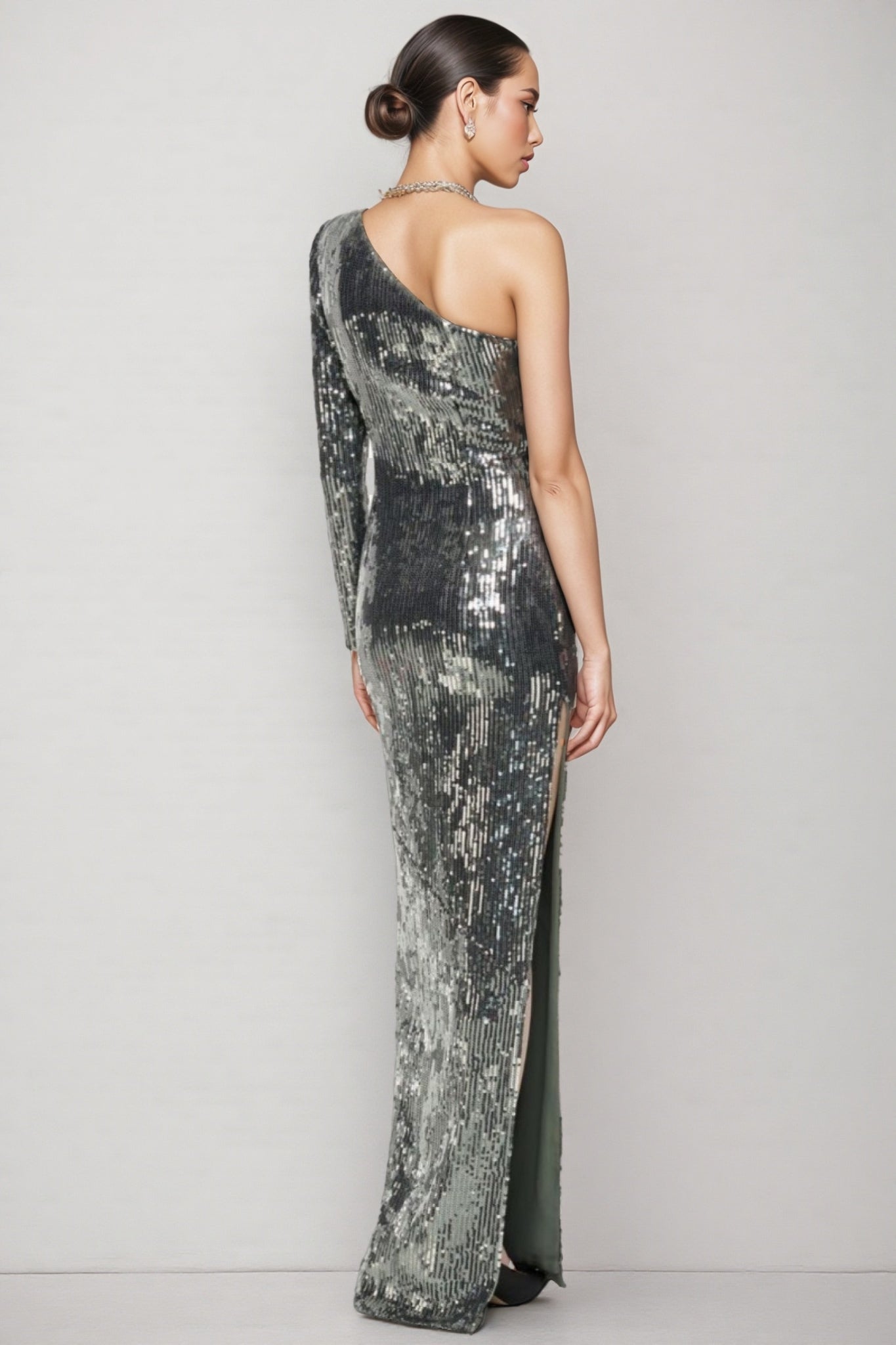 Sequin One Shoulder Long Sleeve 3D Flower Maxi Gown