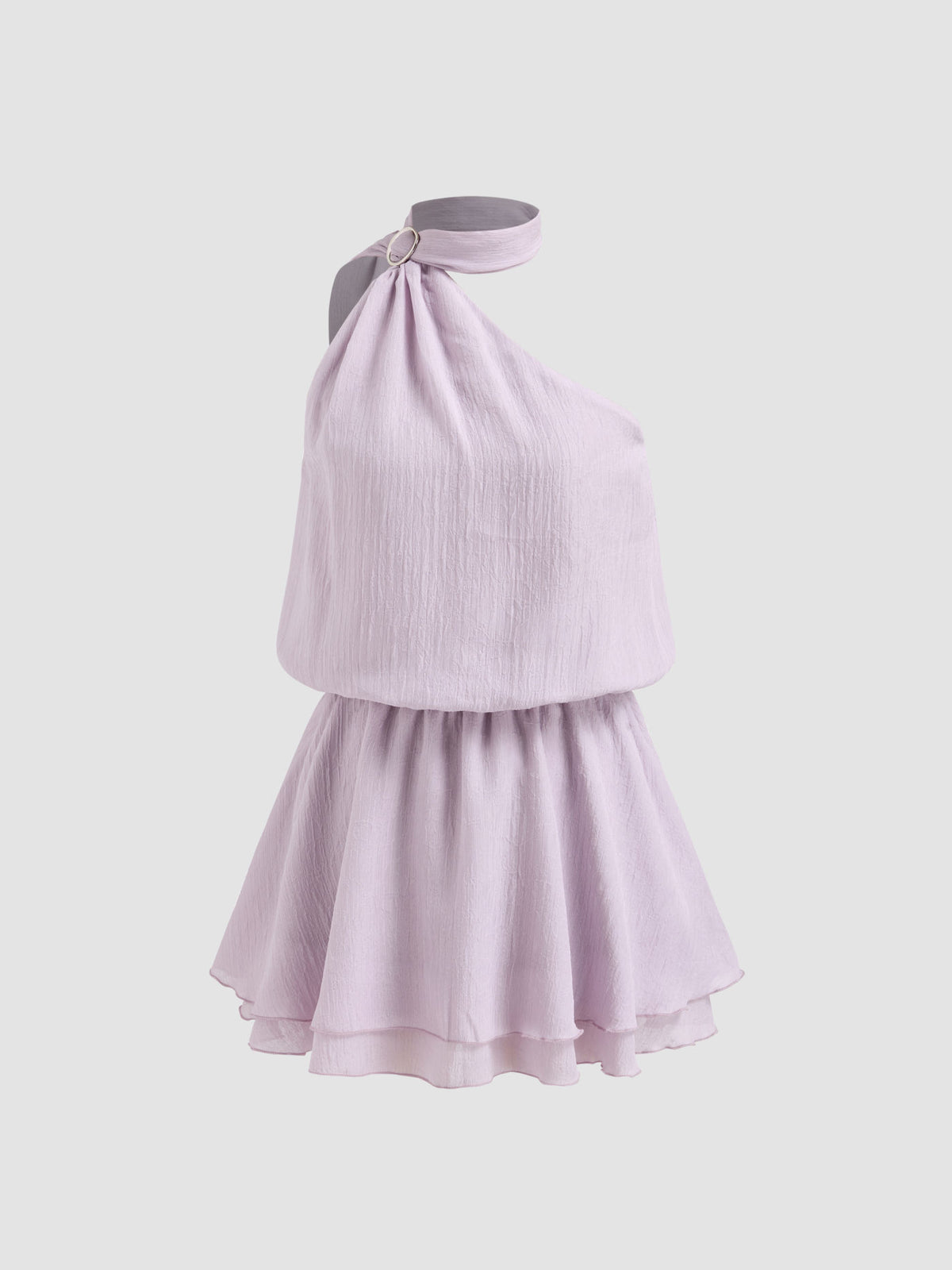 One Shoulder Halter Neck O-Ring Elastic Waist Layered Mini Dress 6