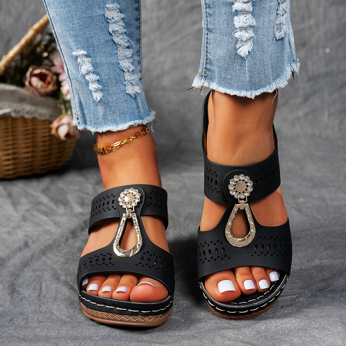 Open Toe Cut Out Embellished Block Heel Platform Slides
