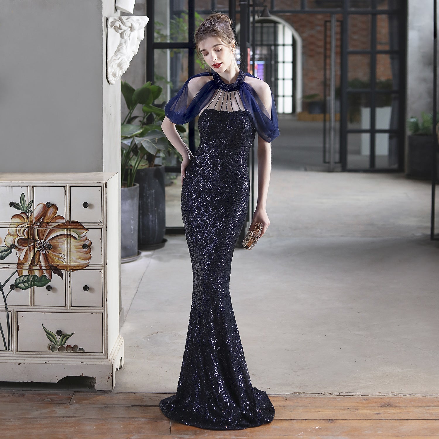Sequin Halter Neck Sheer Cape Mermaid Gown