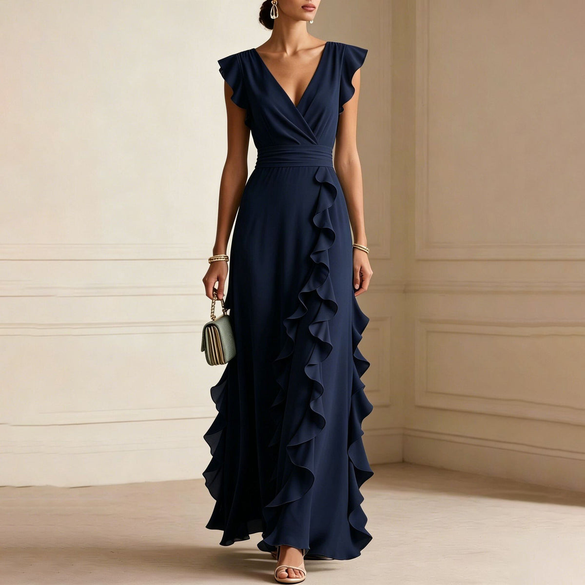 Chiffon Wrap V-Neck Flutter Sleeve Cascading Ruffle Maxi Dress 5
