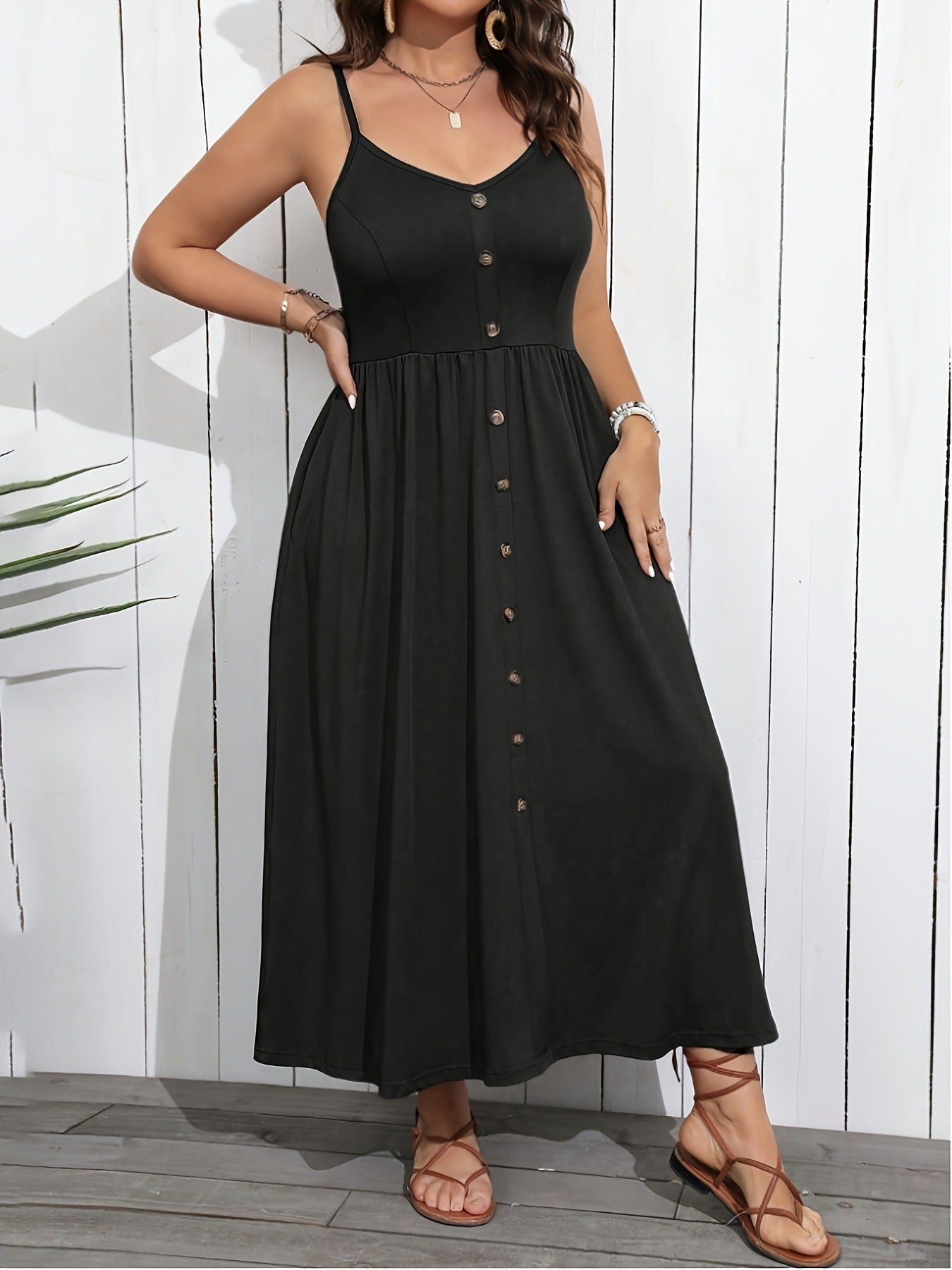 Spaghetti Strap Button Front Pocket Midi Dress 8