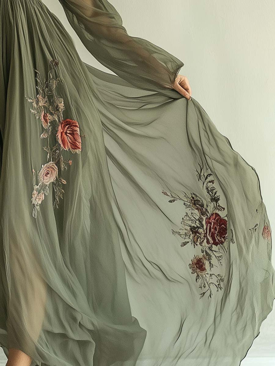 Floral Embroidered Chiffon Deep V-Neck Long Sleeve Maxi Dress 4