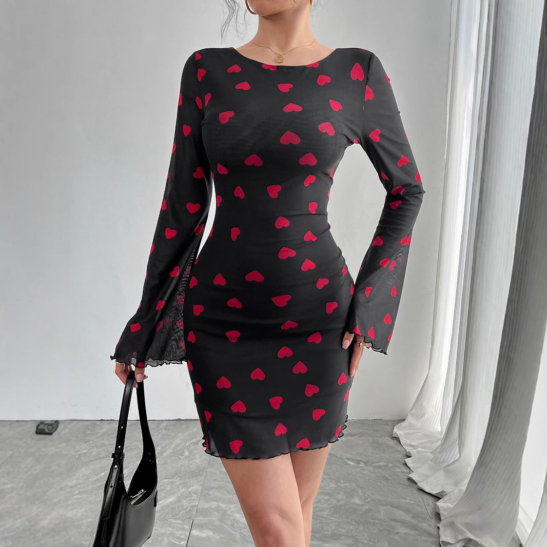 Spring Summer Ladies Heart Printing Bell Sleeve Backless Mesh Dress