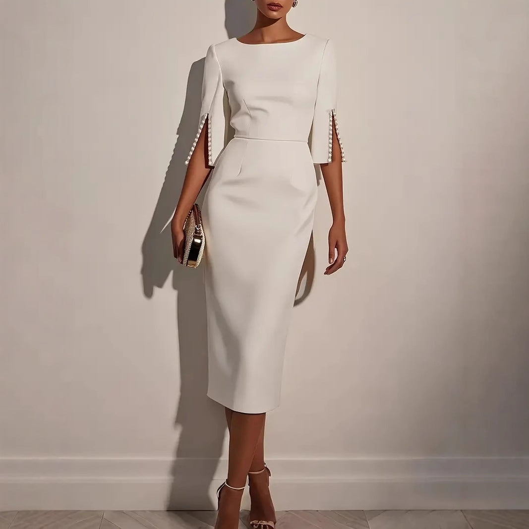 Boat Neck Split Sleeve Pearl Button Bodycon Midi Dress 2