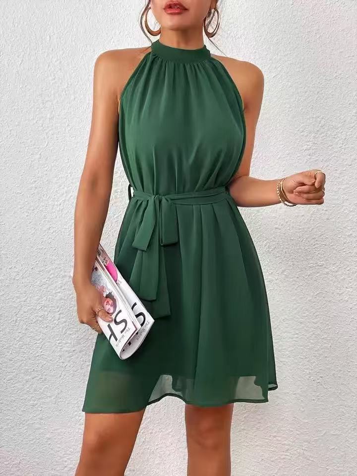 Chiffon Halter Neck Sleeveless Tie Waist A-Line Mini Dress 8