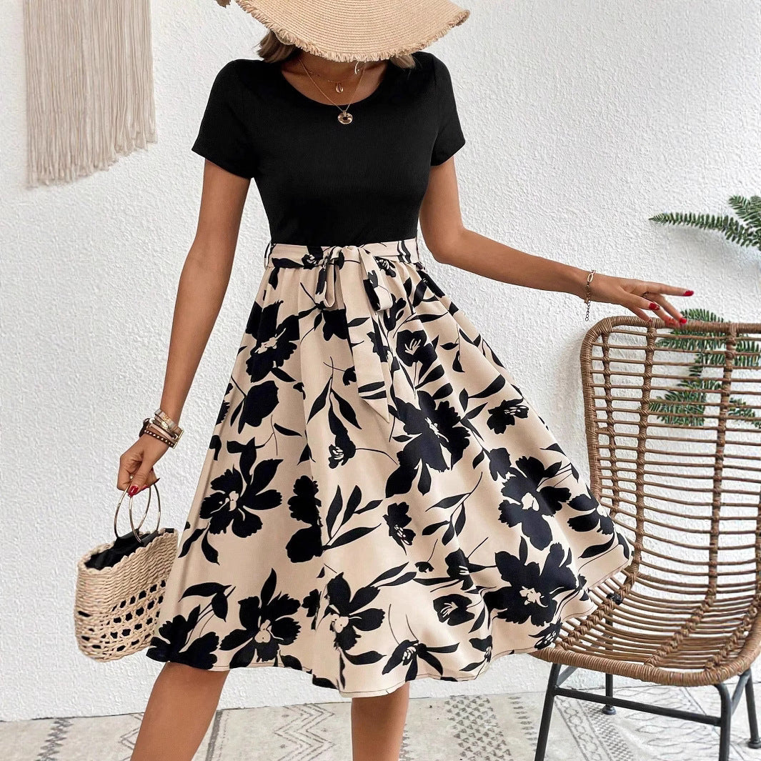 Laura Aesthetic Women's a Line Dress with Floral Skirt and Waist Belt Premium Wardrobe Essential