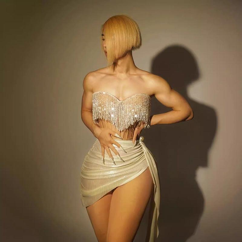 Rhinestone Fringe Strapless Ruched High Split Two Piece Set