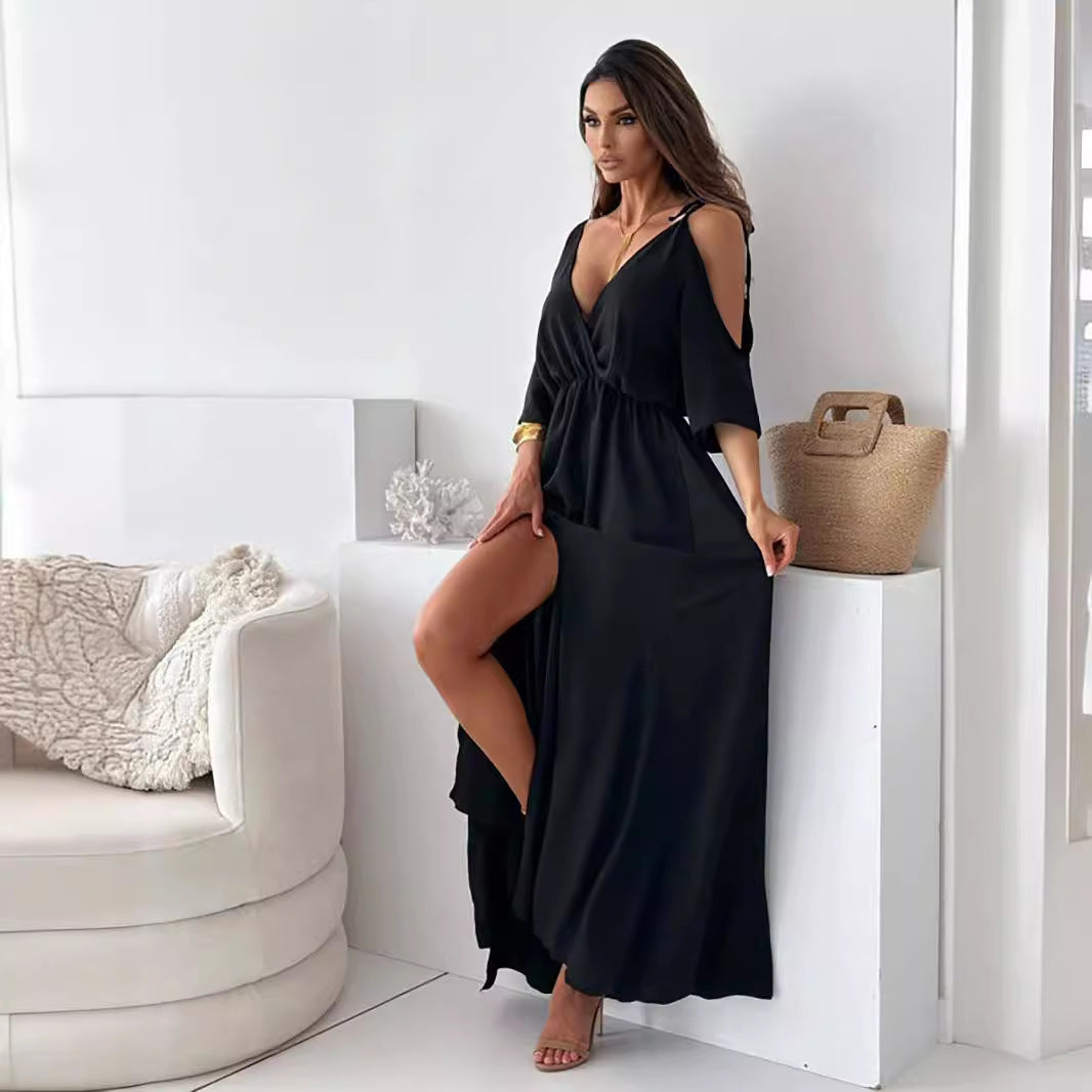 Wrap V-Neck Cold Shoulder Half Sleeve High Split Maxi Dress 6