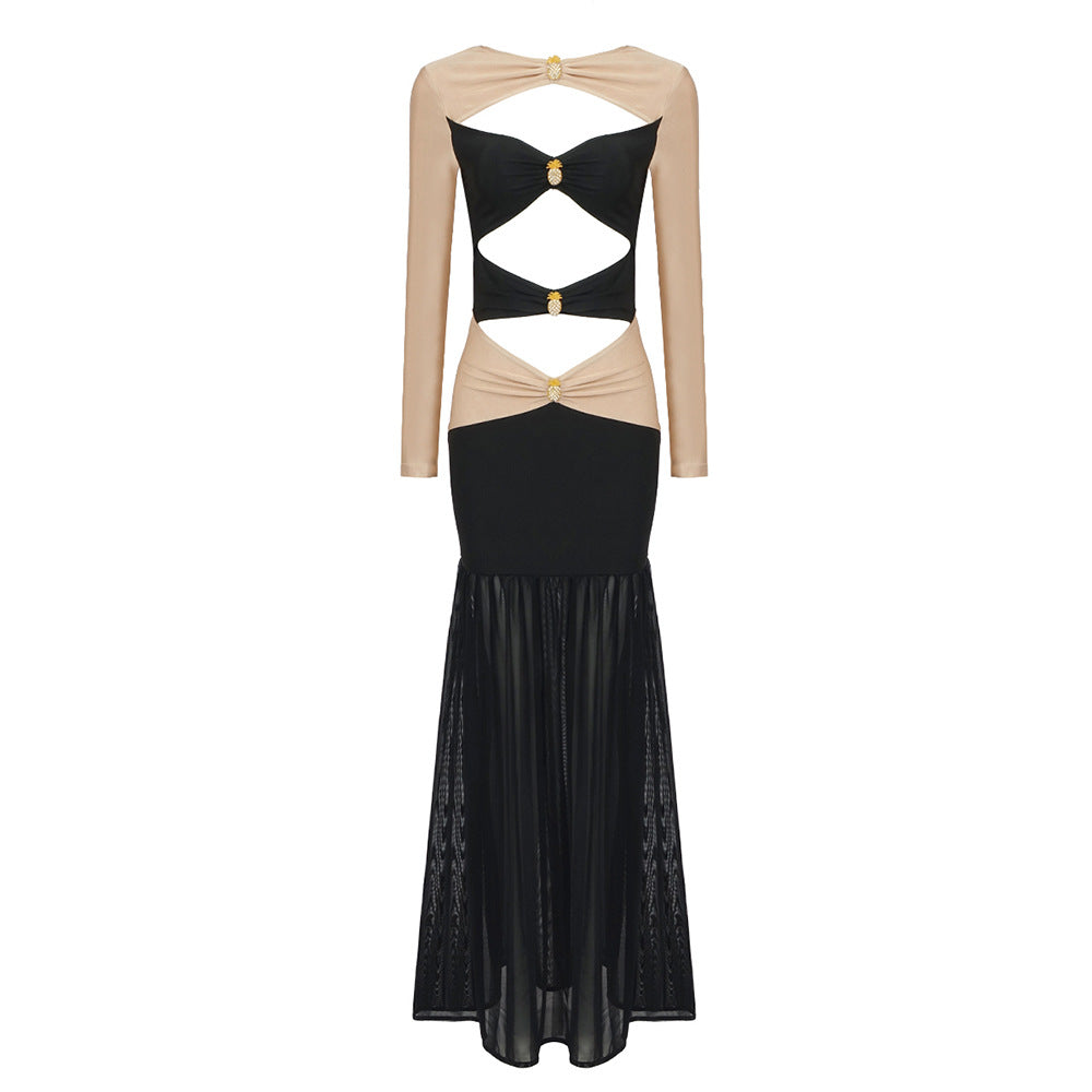 Long Sleeve Cut Out Contrast Panel Pleated Mermaid Maxi Dress 3