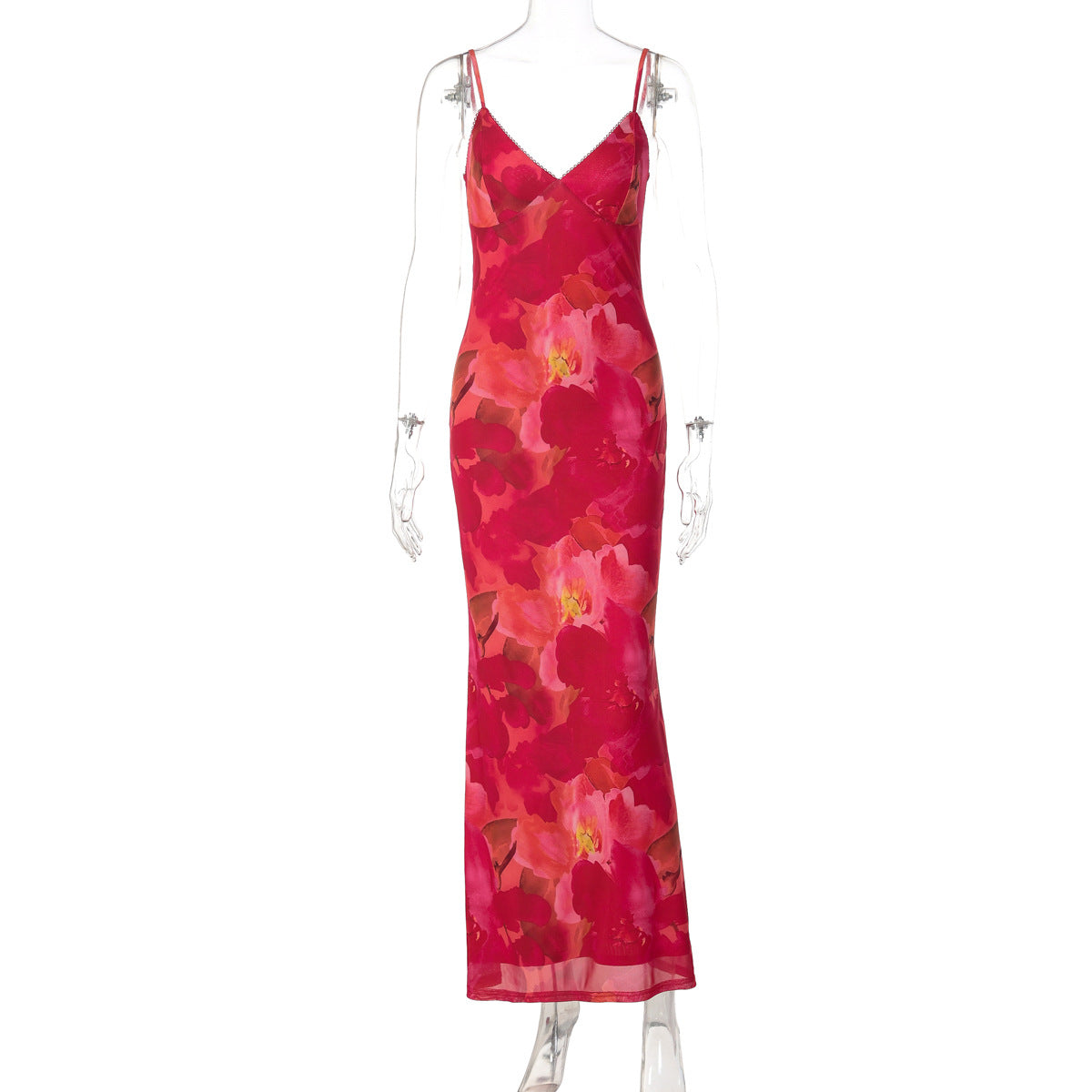 Floral Print Mesh V-Neck Cami Bodycon Maxi Dress 2