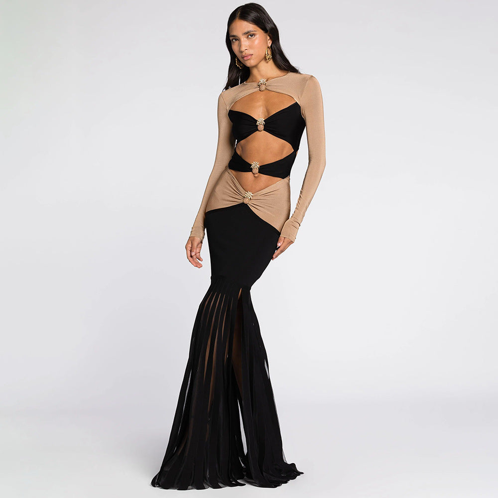 Long Sleeve Cut Out Contrast Panel Pleated Mermaid Maxi Dress