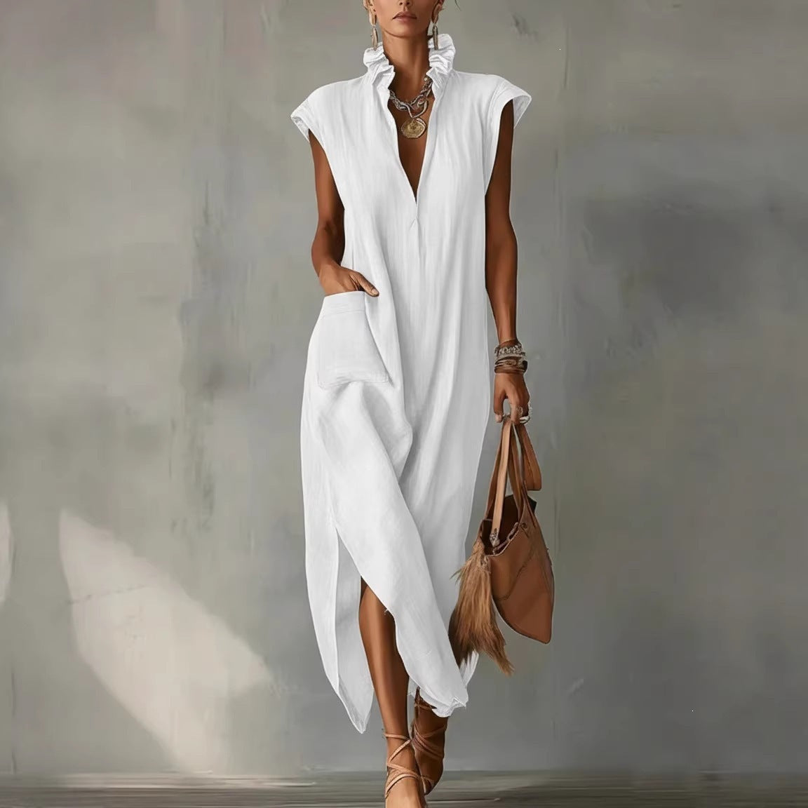 High Neck Cap Sleeve High Split Pocket Maxi Dress 4