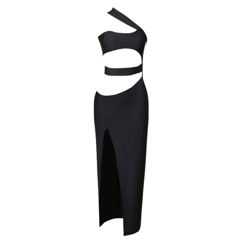 One Shoulder Cut Out Bandage Crop Top High Split Maxi Skirt Two Piece Set