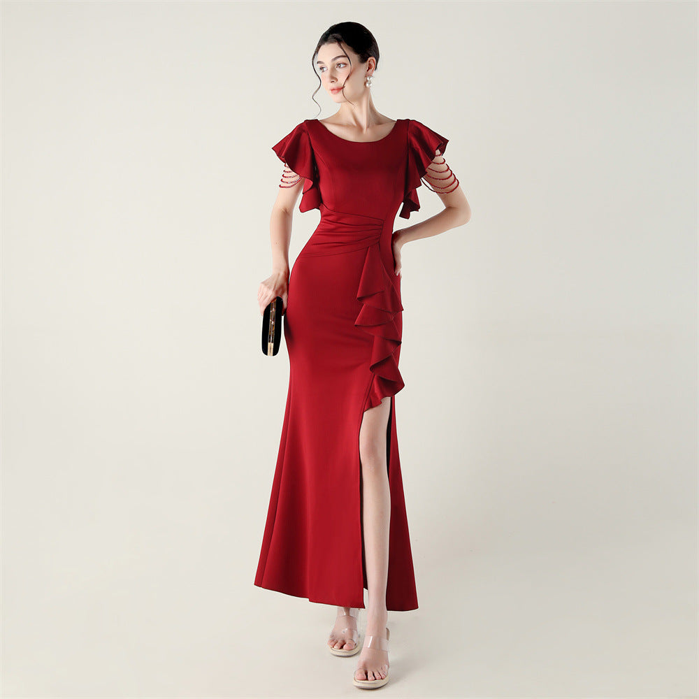 Heavy Industry Bead Tube Satin Evening Dress Deep V Plunge Ruffled Embellished Bead Necklace Beaded Cocktail Dress