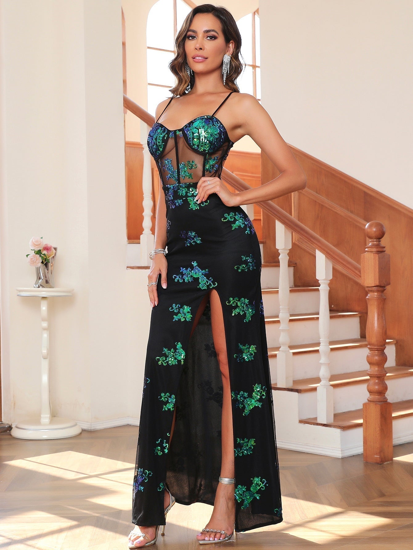 Sequin Spaghetti Strap Mesh High Split Mermaid Maxi Gown