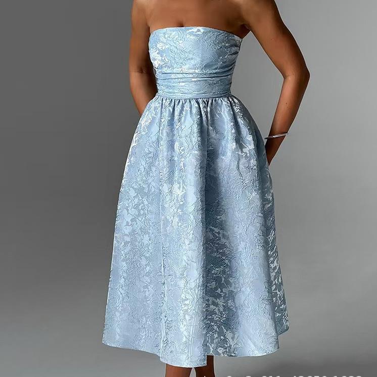 Jacquard Strapless Ruched Waist Fit and Flare Midi Dress