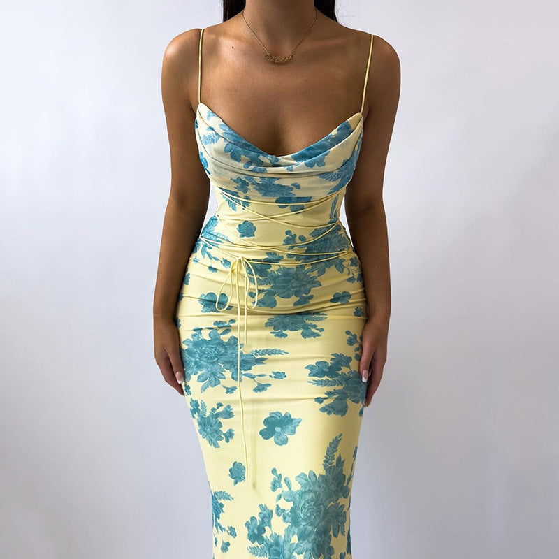 Women Clothing Strap Dress Floral Slim Fitting Sheath Print Pockets Collar Sling Dress