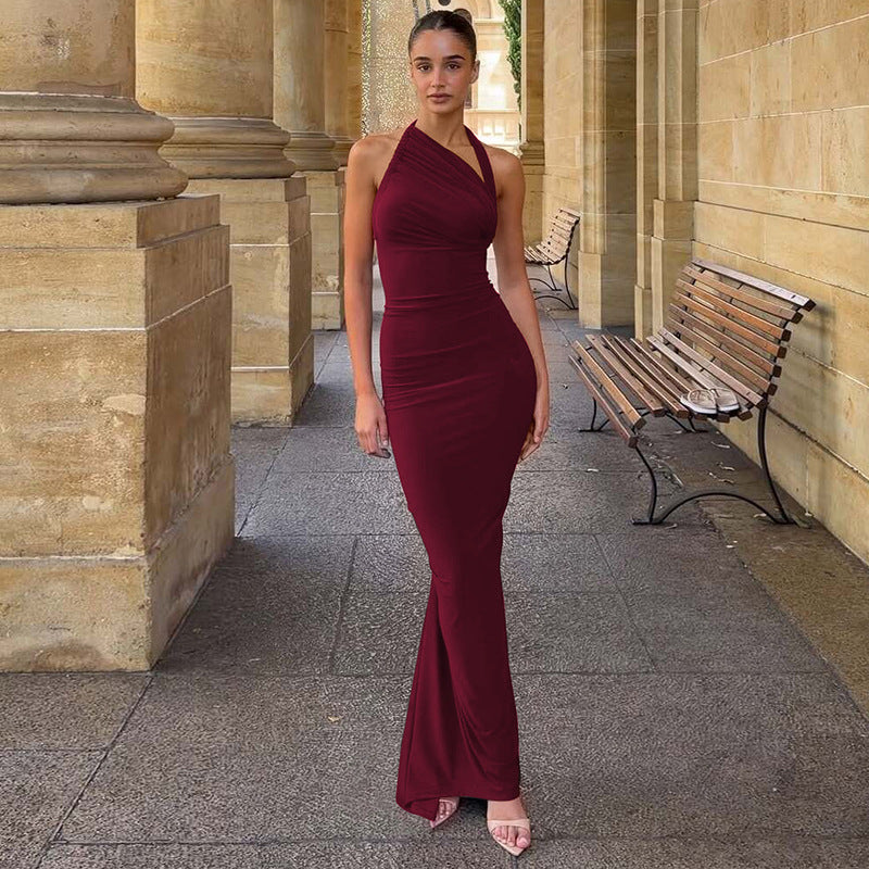 Slim Fit Maxi Dress Summer Solid Color Halter Pleated Chic Backless Dress