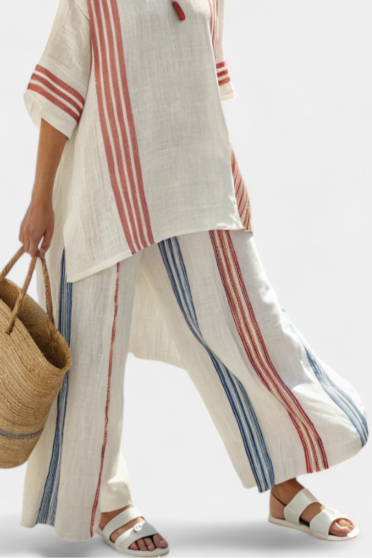 Striped Short Sleeve Tunic and Wide Leg Pants Two Piece Set