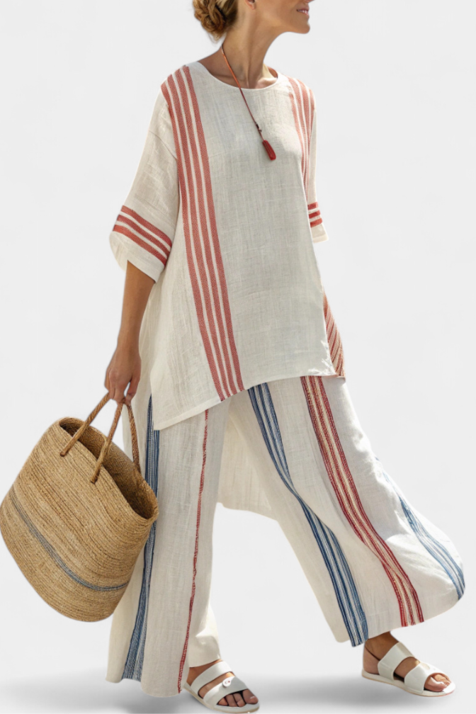Striped Short Sleeve Tunic and Wide Leg Pants Two Piece Set