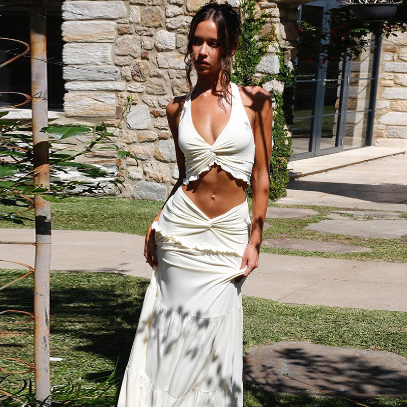 Women Clothing Winter Sexy V neck Ruffled Halter Spaghetti Straps Detail Twisted Skirt Set Women