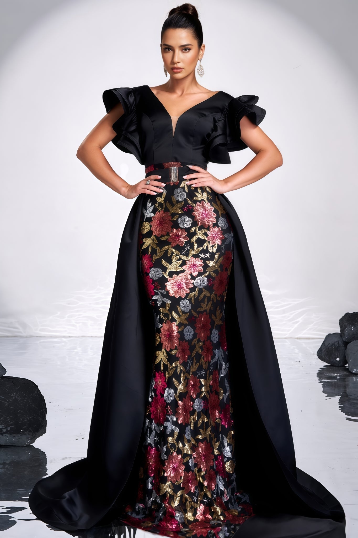 Floral Brocade V-Neck Ruffle Sleeve Mermaid Maxi Gown
