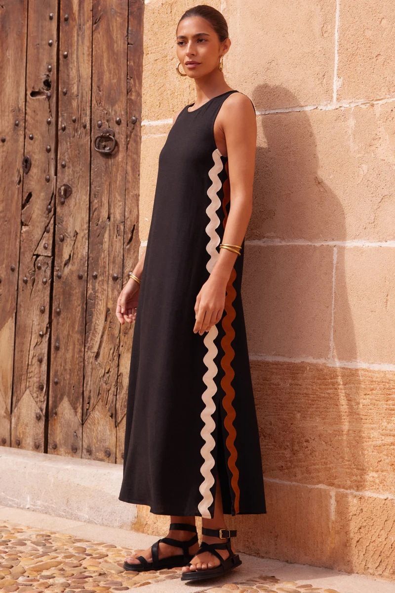 Scalloped Side Trim Sleeveless A-Line Shift Midi Dress