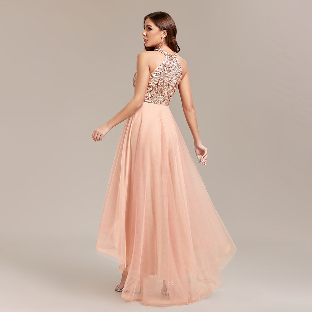 Halter Neck Sequin Tulle High Low A-Line Party Dress