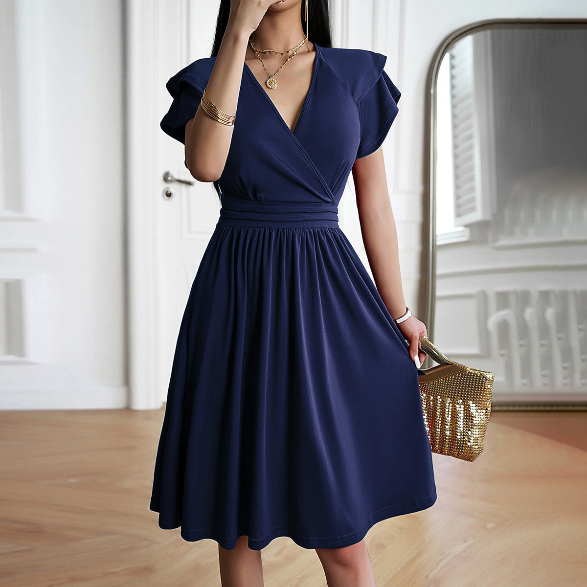 V-Neck Flutter Sleeve Wrap Pleated Waistband Fit and Flare Midi Dress
