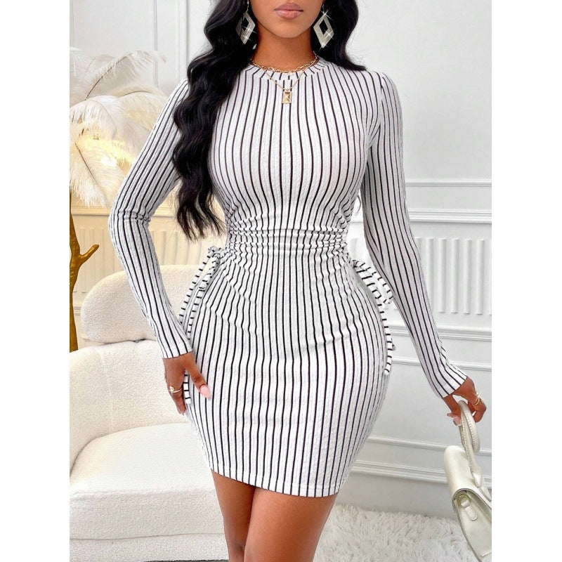 Pinstripe Long Sleeve Cut Out Ruched Side Tie Bodycon Mini Dress