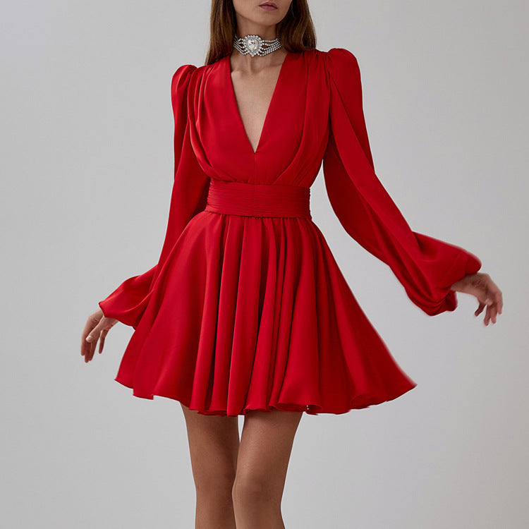 Ruched Puff Sleeve V Neck Waist Belt Satin A Line Mini Dress - View 4