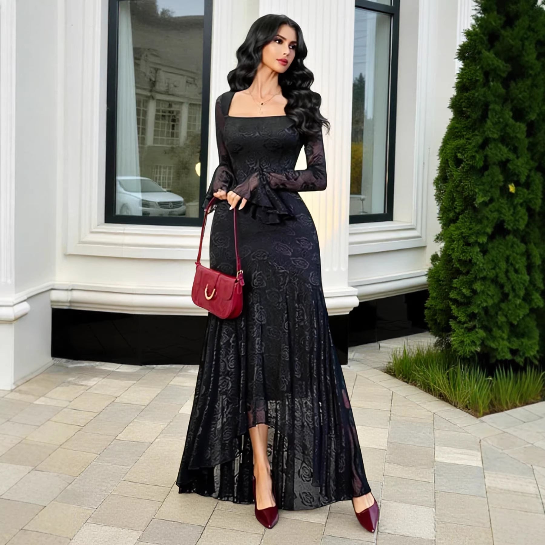 Women Clothing Mesh Jacquard Square Collar Irregular Asymmetric Sexy Slim Dress