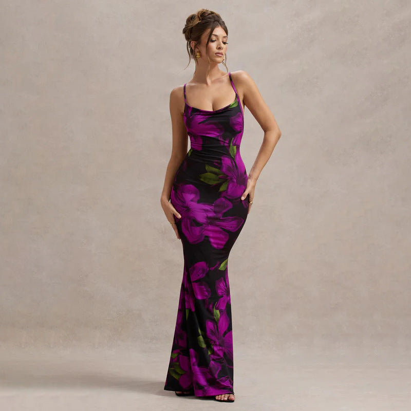 Women Dress Floral Print Cross Shoulder Strap Backless Slim Fit Inner Dress