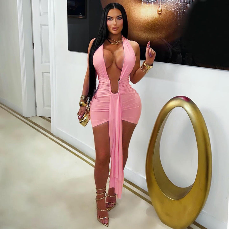 Halter Neck Plunging Cut Out Ruched Drape Front Bodycon Mini Dress