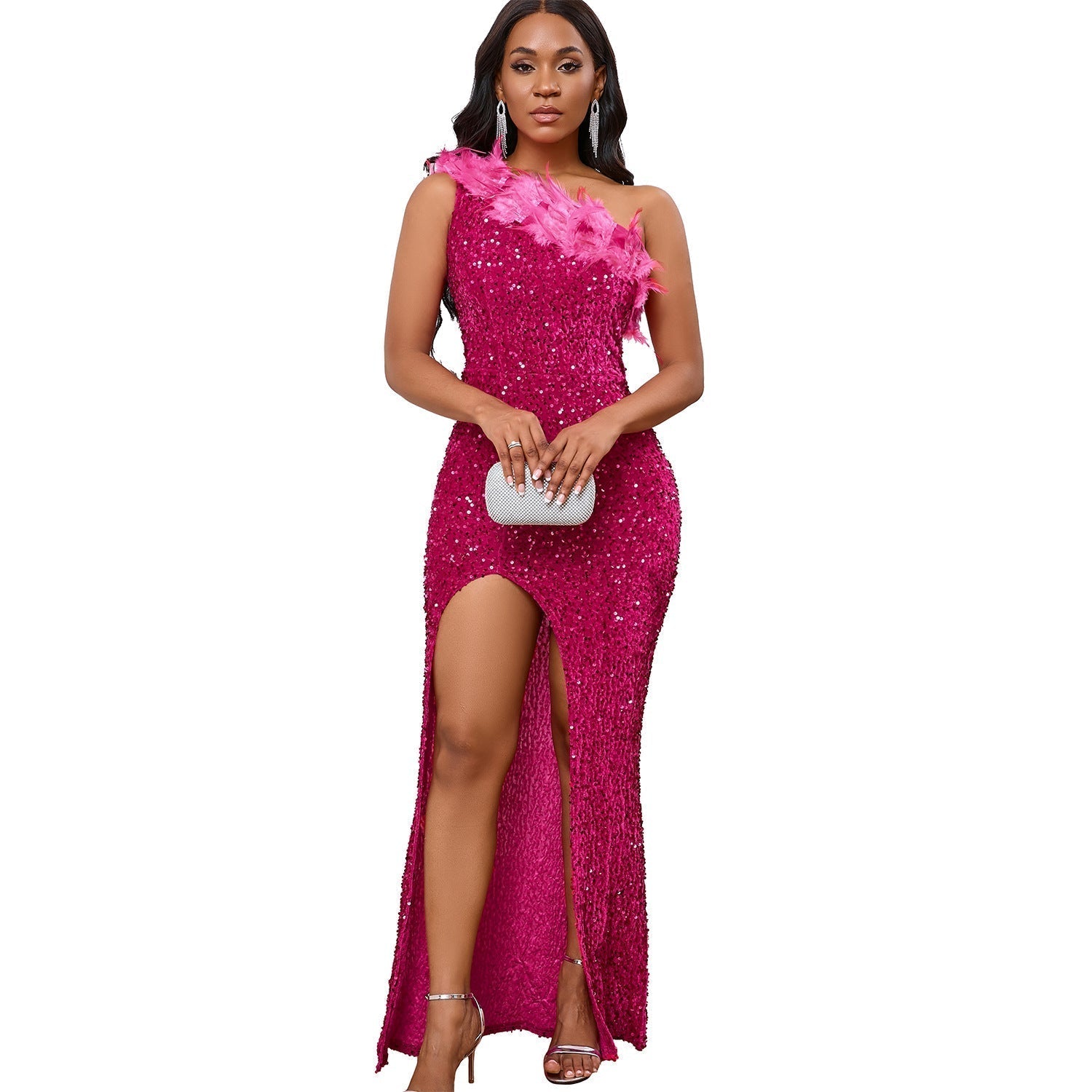 Sequin One Shoulder Bodycon High Split Midi Dress