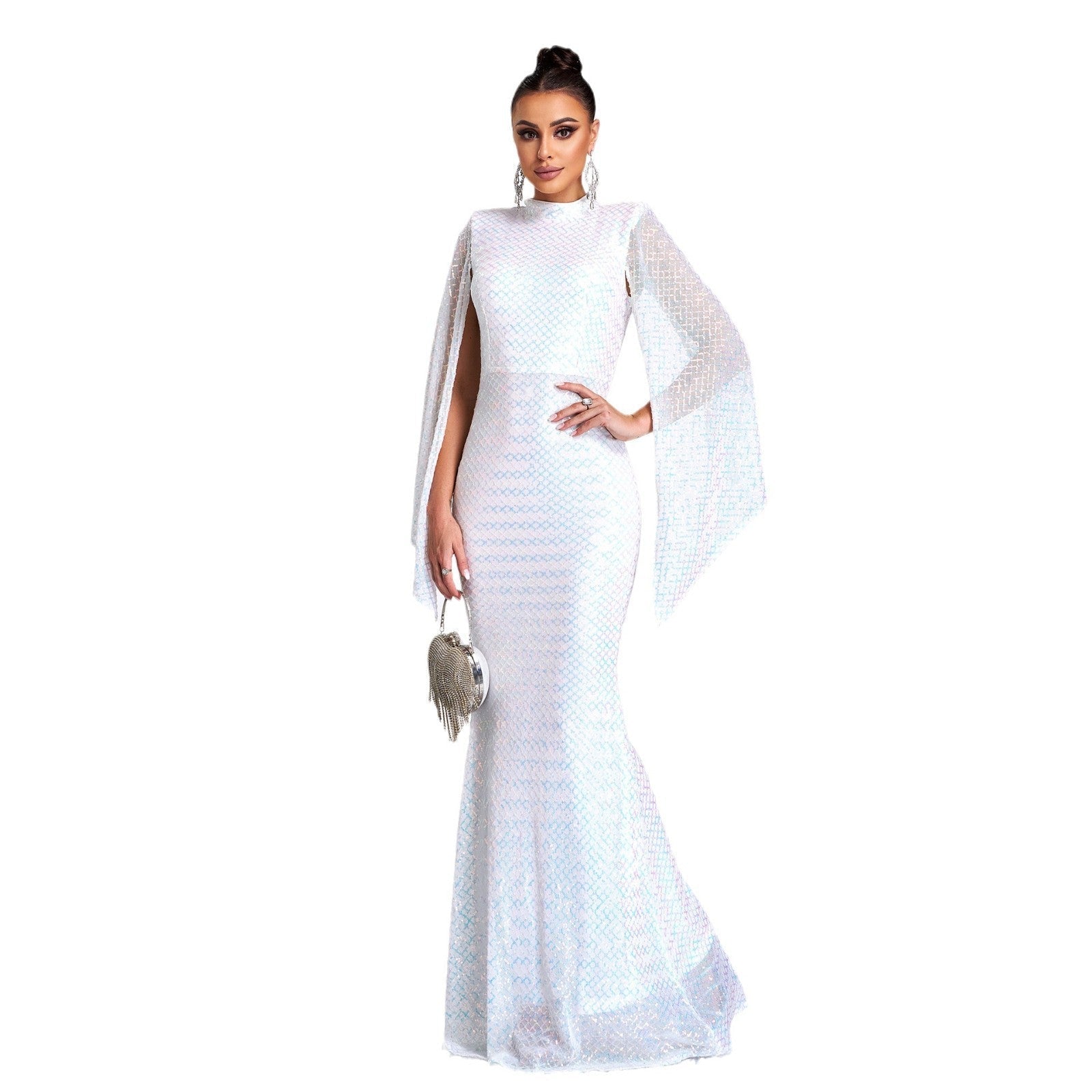 Sequin High Neck Cape Sleeve Mermaid Gown