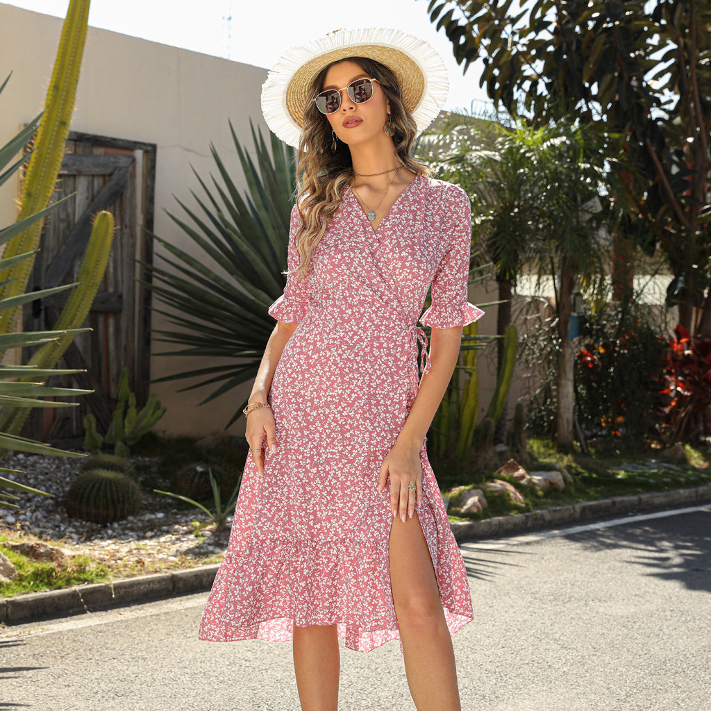 Ditsy Floral Wrap V-Neck Ruffle Sleeve Tie Waist Ruffle Hem Midi Dress 4