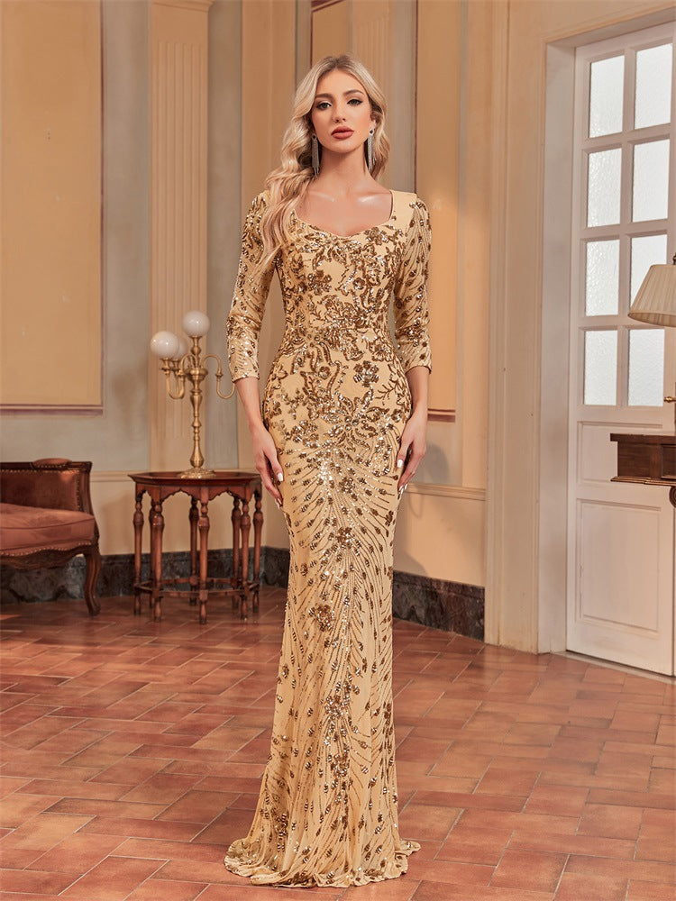 Sequin Scoop Neck Long Sleeve Mermaid Maxi Evening Dress