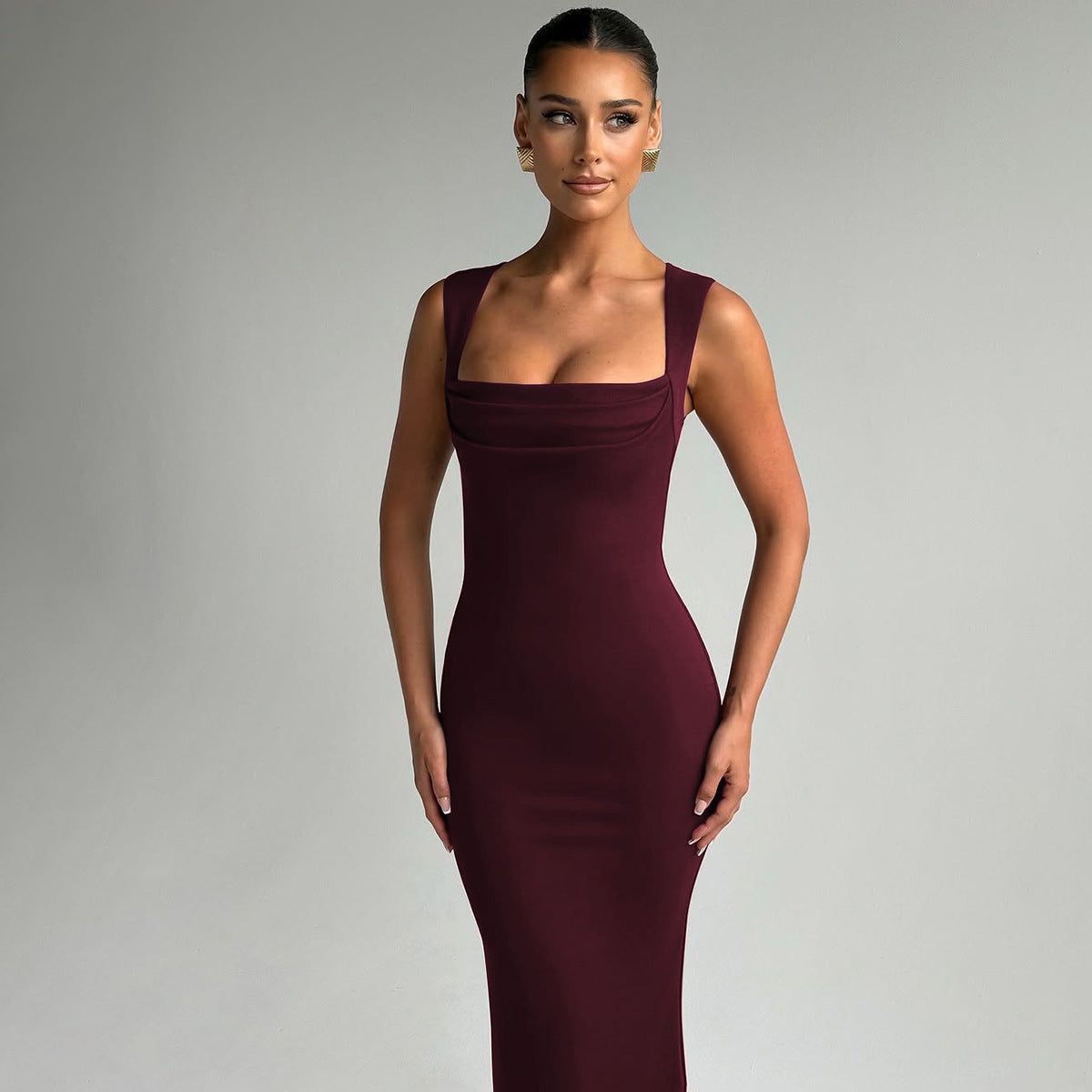 Square Neck Sleeveless Ruched Bust Bodycon Maxi Dress 2