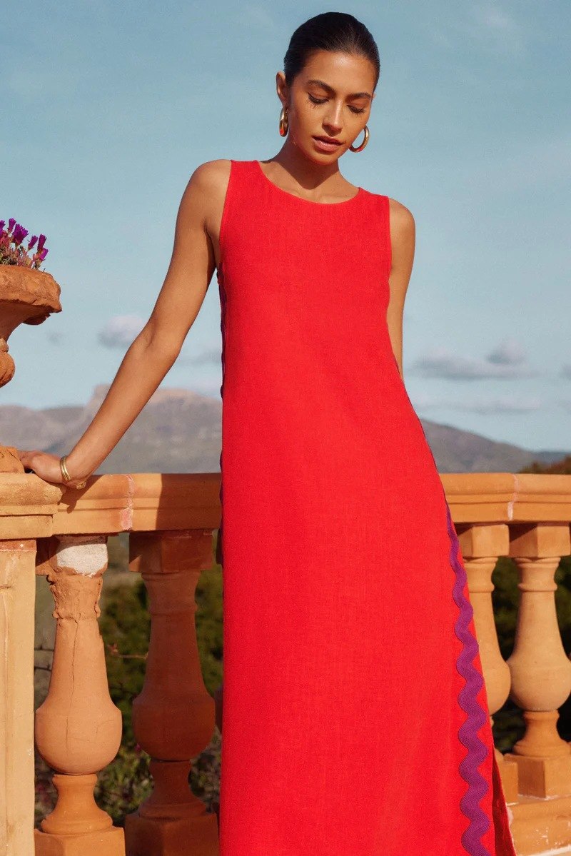 Scalloped Side Trim Sleeveless A-Line Shift Midi Dress