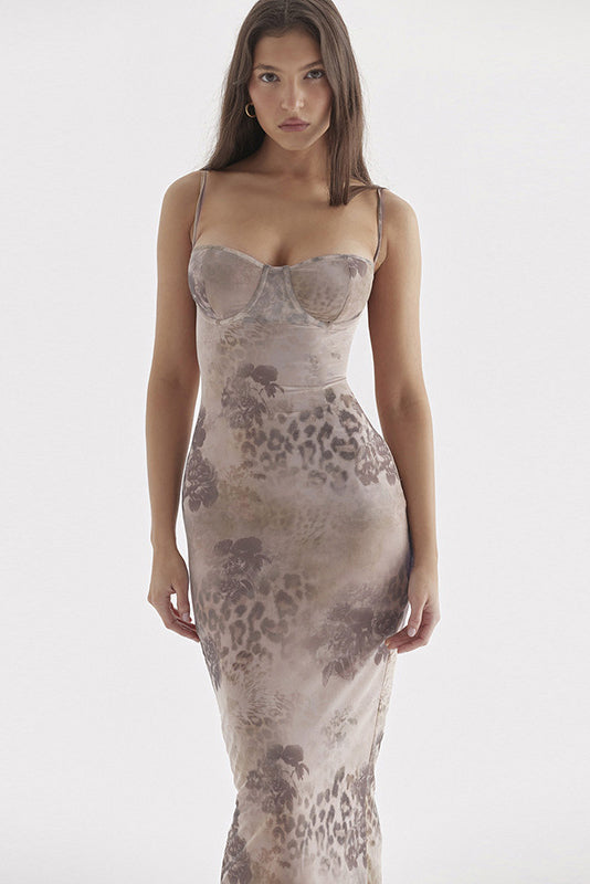 Floral Mesh Sweetheart Neck Lace Trim Corset Bodycon Maxi Dress
