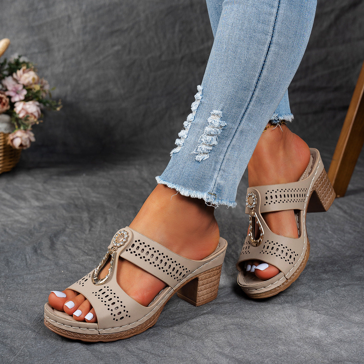 Open Toe Cut Out Embellished Block Heel Platform Slides
