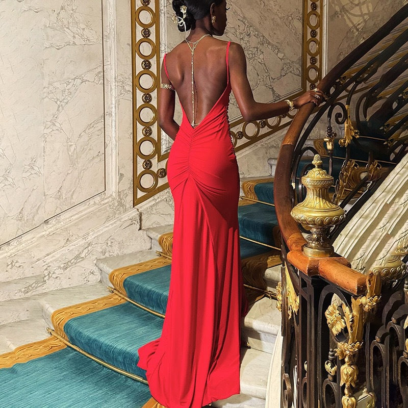 Spaghetti Strap Low Back Ruched Mermaid Maxi Gown with Train 3