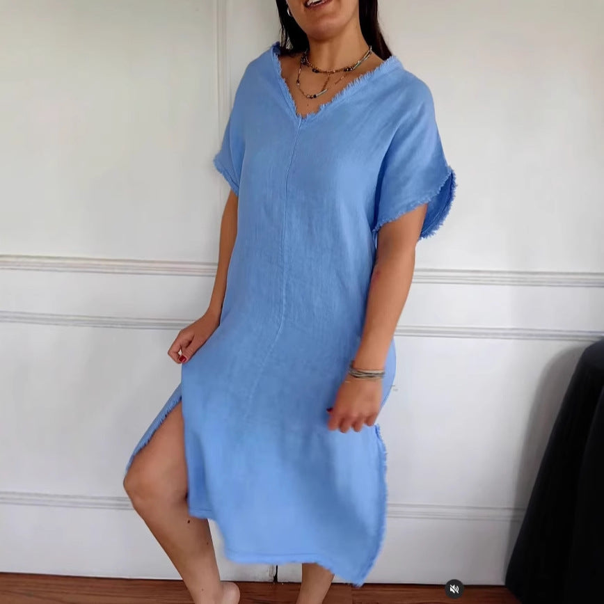 Linen-Look V-Neck Short Sleeve Frayed Edge Side Split Midi Dress