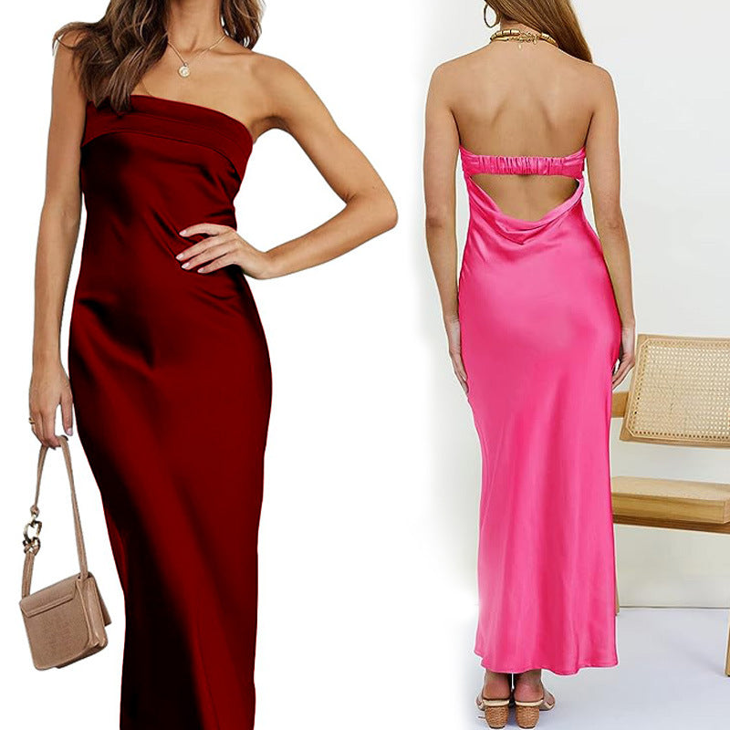 Satin Strapless Fold Over Neckline Column Maxi Dress 2